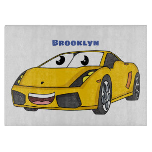 Planche À Découper Caricature de voiture sport jaune joyeux