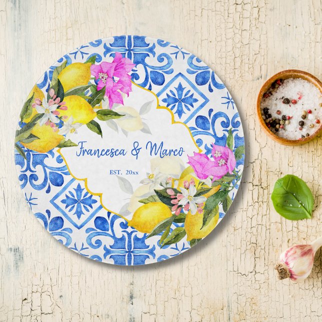Planche À Découper Carreaux bleus citron Bougainvillea cadeau de mari (Créateur téléchargé)