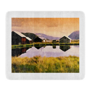 Planche À Découper Carte de coucher de soleil près des cabanes
