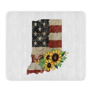 Planche À Découper Carte de l'État de l'Indiana Drapeau US Tournesol 