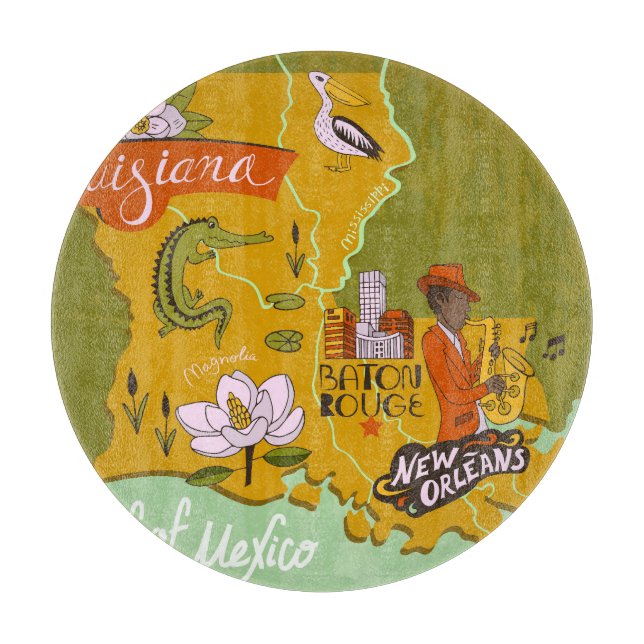 Planche À Découper Carte illustrée de la Louisiane : faits saillants  (Devant)
