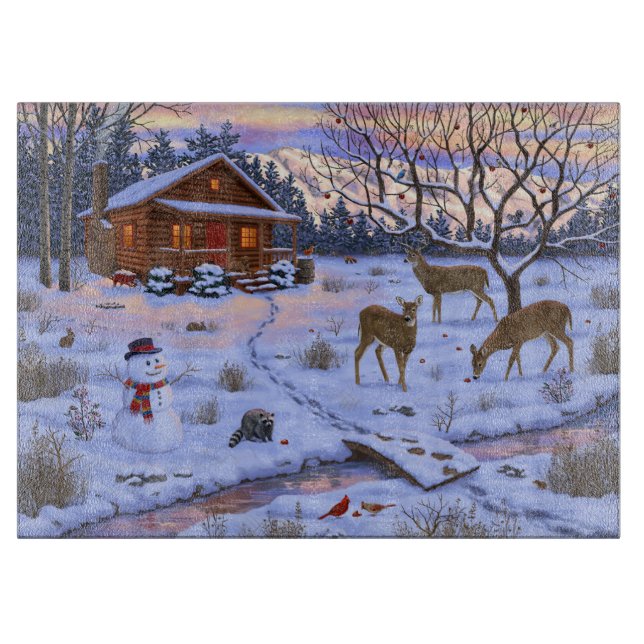Planche À Découper Cerf Cabine D'Hiver Dans La Scène De Noël De Neige (Devant)