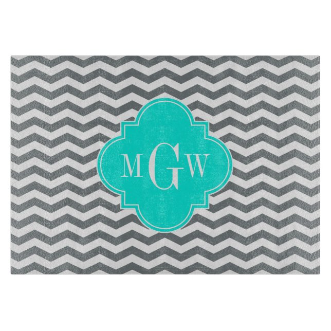 Planche À Découper Charcoal Tn Chevron Brt Aqua Quatrefoil 3 Monogram (Devant)