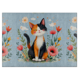 Planche À Découper Chat calicot souriant dans un jardin fleuri