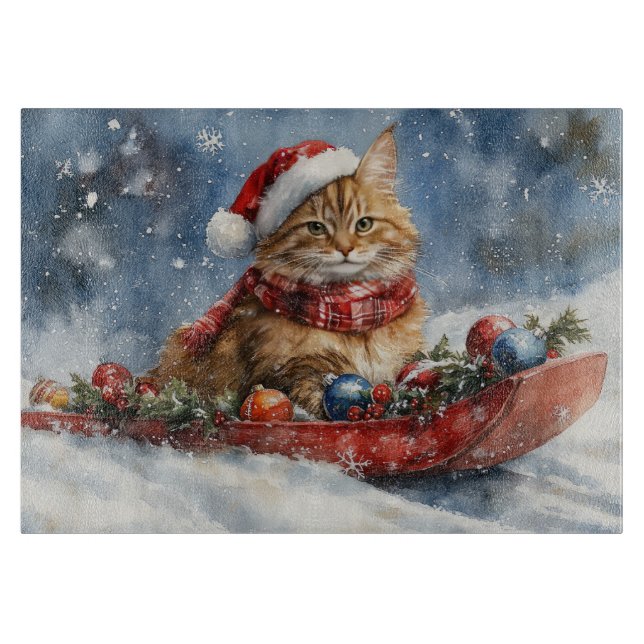 Planche À Découper Chat de Maine Coon en sledge Laisser neiger Noël (Devant)