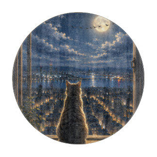 Planche À Découper Chat éclairé par la lune regardant la fenêtre de l