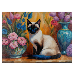 Planche À Découper Chat et bouquets siamois dans Vases aquarelle