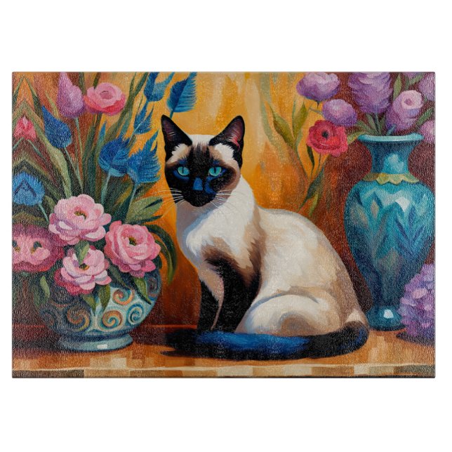 Planche À Découper Chat et bouquets siamois dans Vases aquarelle (Devant)