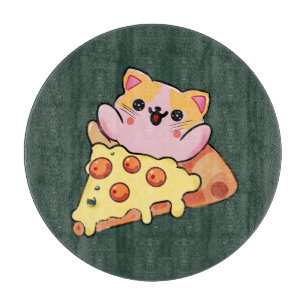Planche À Découper Chat Kawaii Personnalisé Enlaçant une Pizza au Pep