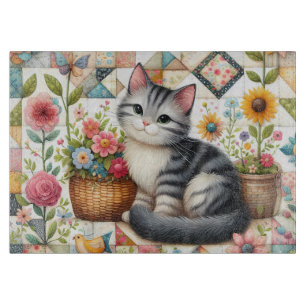 Planche À Découper Chat mignon sur courtepointe florale Cottagecore
