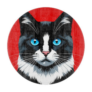 Planche À Découper Chat noir et blanc aux yeux bleus vifs