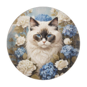 Planche À Découper Chat Ragdoll Avec Fleurs Bleues D'Hydrangée