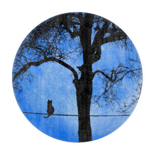 Planche À Découper Chat sur un verre lune bleu fil
