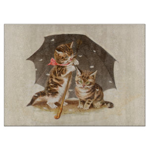 Planche À Découper Chatons vintage sous un parapluie, art antique de