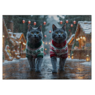 Planche À Découper Chats Bleus Russes Noël Neige Fêtes 