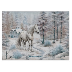 Planche À Découper Cheval hiver scène neige forêt Noël