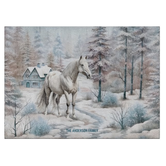 Planche À Découper Cheval hiver scène neige forêt Noël (Devant)
