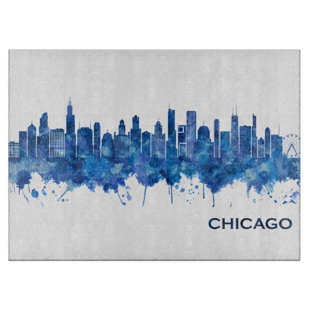 Planche À Découper Chicago Illinois Skyline Blue (Devant)