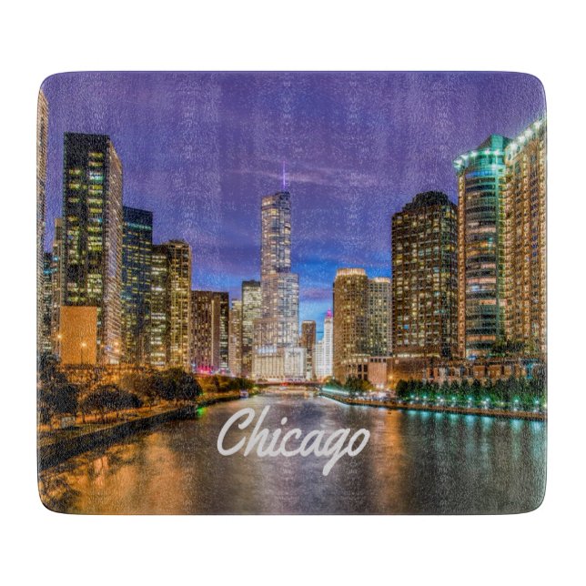 Planche À Découper Chicago Illinos City La Nuit (Devant)