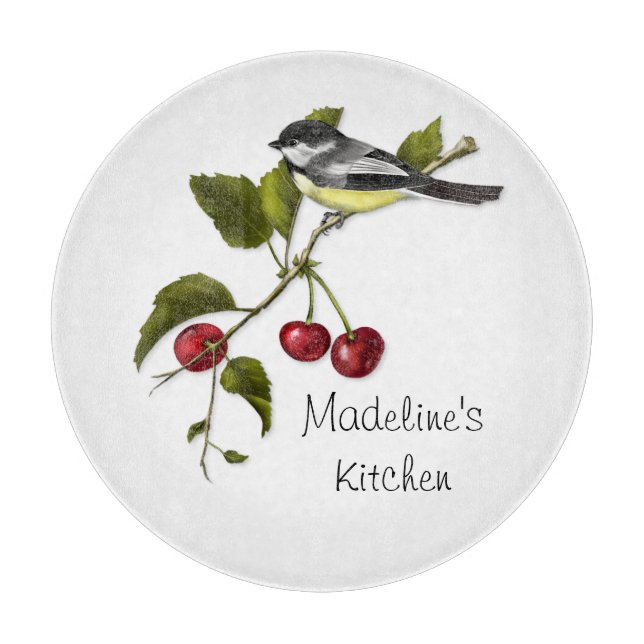 Planche À Découper Chickadee et cerises personnalisés sur la branche (Devant)