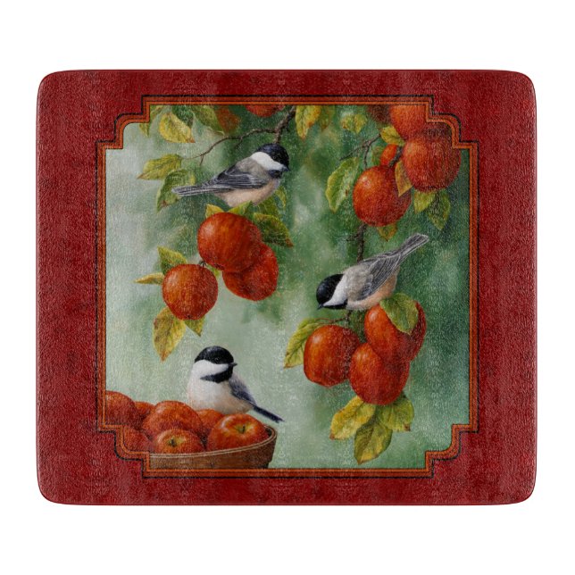 Planche À Découper Chickadees Pomme récolte Rouge (Devant)