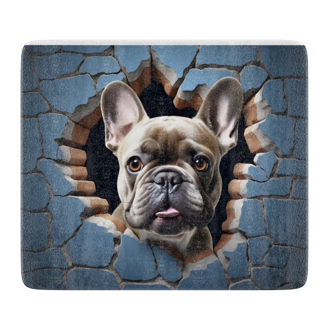 Planche À Découper Chien à taureaux français 3D cracké Trou bleu Mur (Devant)