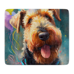 Planche À Découper Chien Airedale avec casquette d'anniversaire et ba