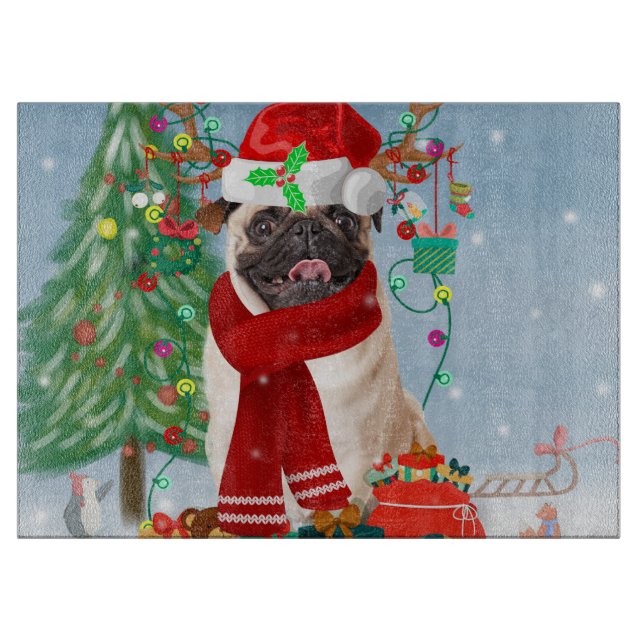 Planche À Découper Chien carlin en neige avec cadeaux de Noël (Devant)