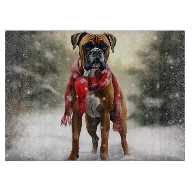 Planche À Découper Chien de boxe en Noël de neige (Devant)