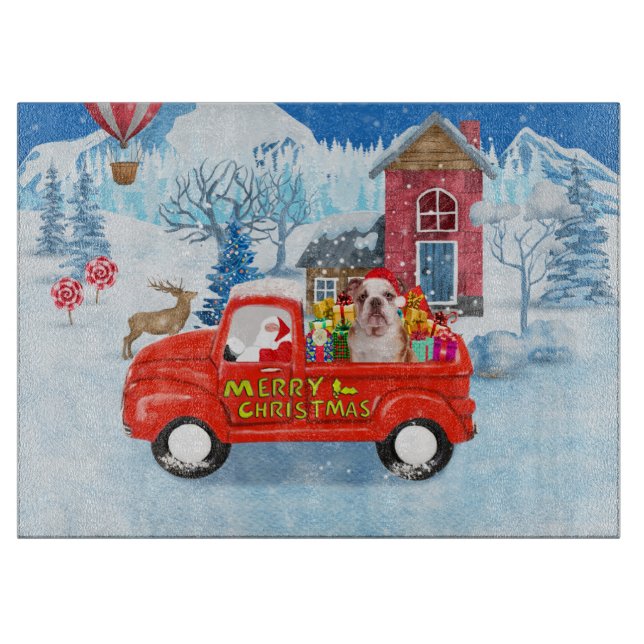 Planche À Découper Chien de taureau anglais dans la livraison de Noël (Devant)