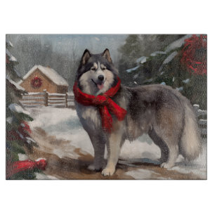 Planche À Découper Chien malamué de l'Alaska en Noël de neige