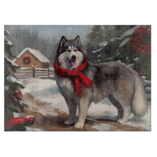 Planche À Découper Chien malamué de l'Alaska en Noël de neige (Devant)