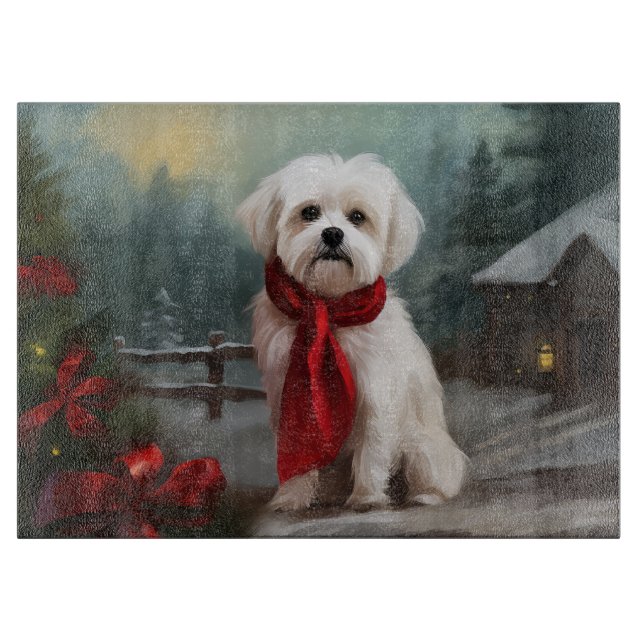 Planche À Découper Chien maltais à Noël de neige (Devant)