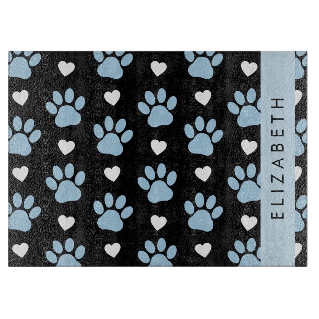 Planche À Découper Chien Paws, Blue Paws, White Hearts, Votre Nom (Devant)