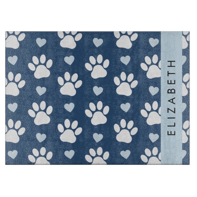 Planche À Découper Chien Paws, White Paws, Blue Hearts, Votre Nom (Devant)