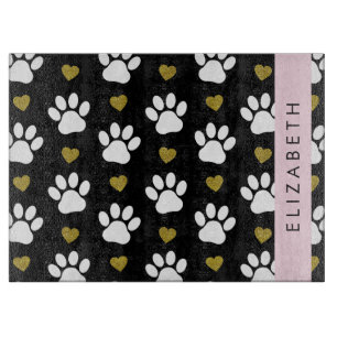 Planche À Découper Chien Paws, White Paws, Gold Hearts, Votre Nom