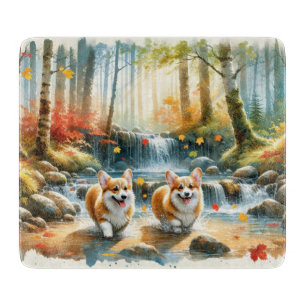 Planche À Découper Chiens De Corgi Dans Un Flux De Bois Aux Couleurs