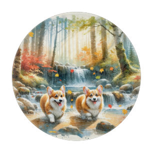 Planche À Découper Chiens De Corgi Dans Un Flux De Bois Aux Couleurs