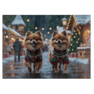 Planche À Découper Chiens Poméraniens Noël Neige Vacances