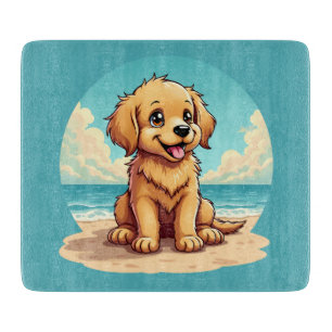Planche À Découper Chiot doré mignon sur une scène de plage ensoleill
