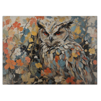 Planche À Découper Chouette et fleurs en peinture printanière