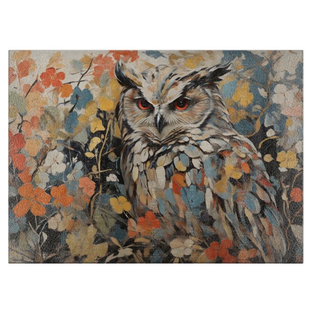 Planche À Découper Chouette et fleurs en peinture printanière (Devant)