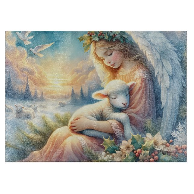 Planche À Découper Christmas Angel with Lamb in Winter Peace (Devant)
