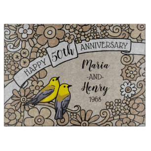 Planche À Découper Cinquantième anniversaire personnalisé, oiseaux