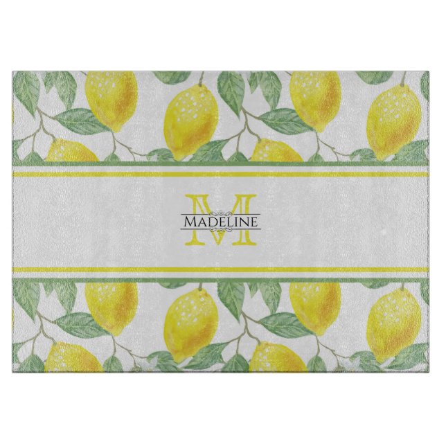 Planche À Découper Citrons et Feuilles de cuisine | Monogramme person (Devant)