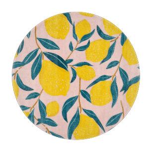 Planche À Découper citrons illustrés : motif transparent rose