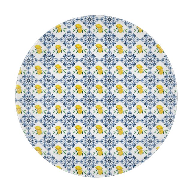 Planche À Découper Citrons & Motif bleu carrelage marocain (Devant)