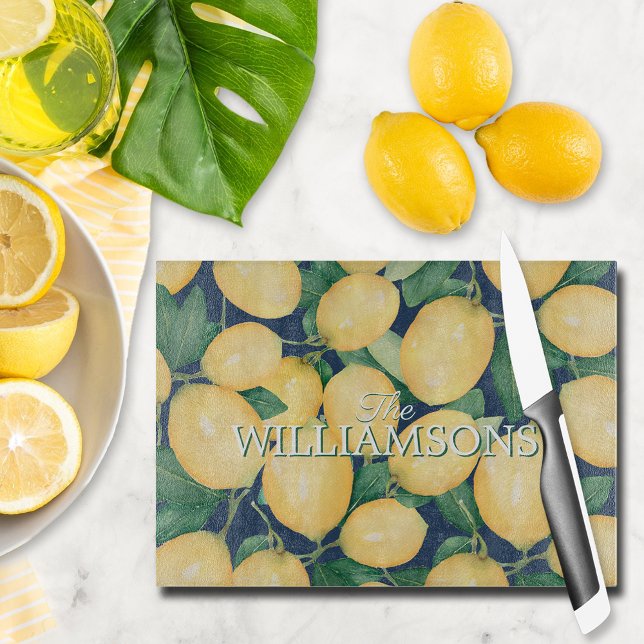 Planche À Découper Citrons personnalisés bleu marine (Personalized Lemons on Navy Blue Glass Cutting Board)