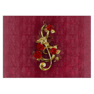Planche À Découper Clé de sol dorée avec fleurs de rose