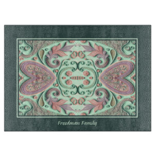 Planche À Découper Coeurs floraux roses de Bohême sur verre Turquoise